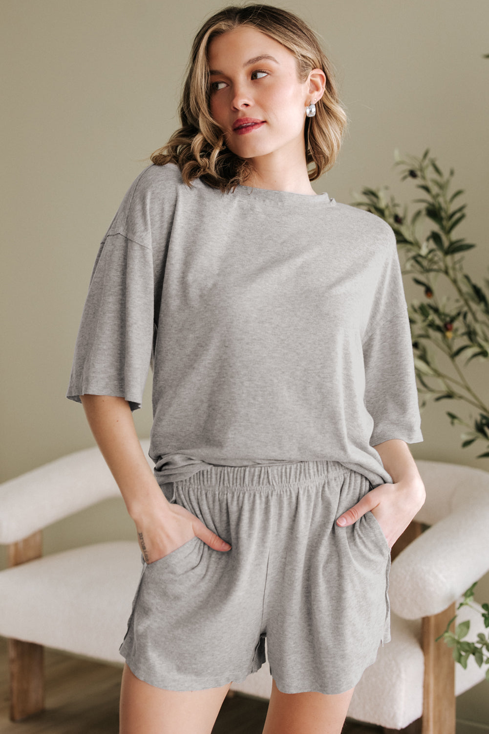 Gray Solid Color Loose Tee 2 Piece Shorts Set