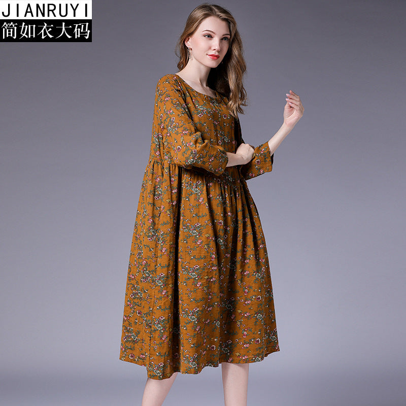 2018 large size women's fat mm autumn new linen cotton literary floral pleated stitching loose dress 9831