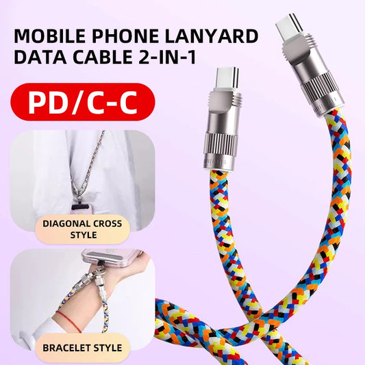 100W 2 in 1 Phone Lanyard Fast Charging Cable USB Type C To Type C Data Cord Quick Charge For iPhone 15 Samsung Xiaom PD Cable