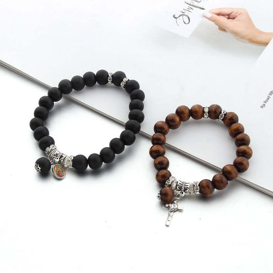 Couple wooden beads bungee rope bracelet black coffee JESUS cross bracelet beaded