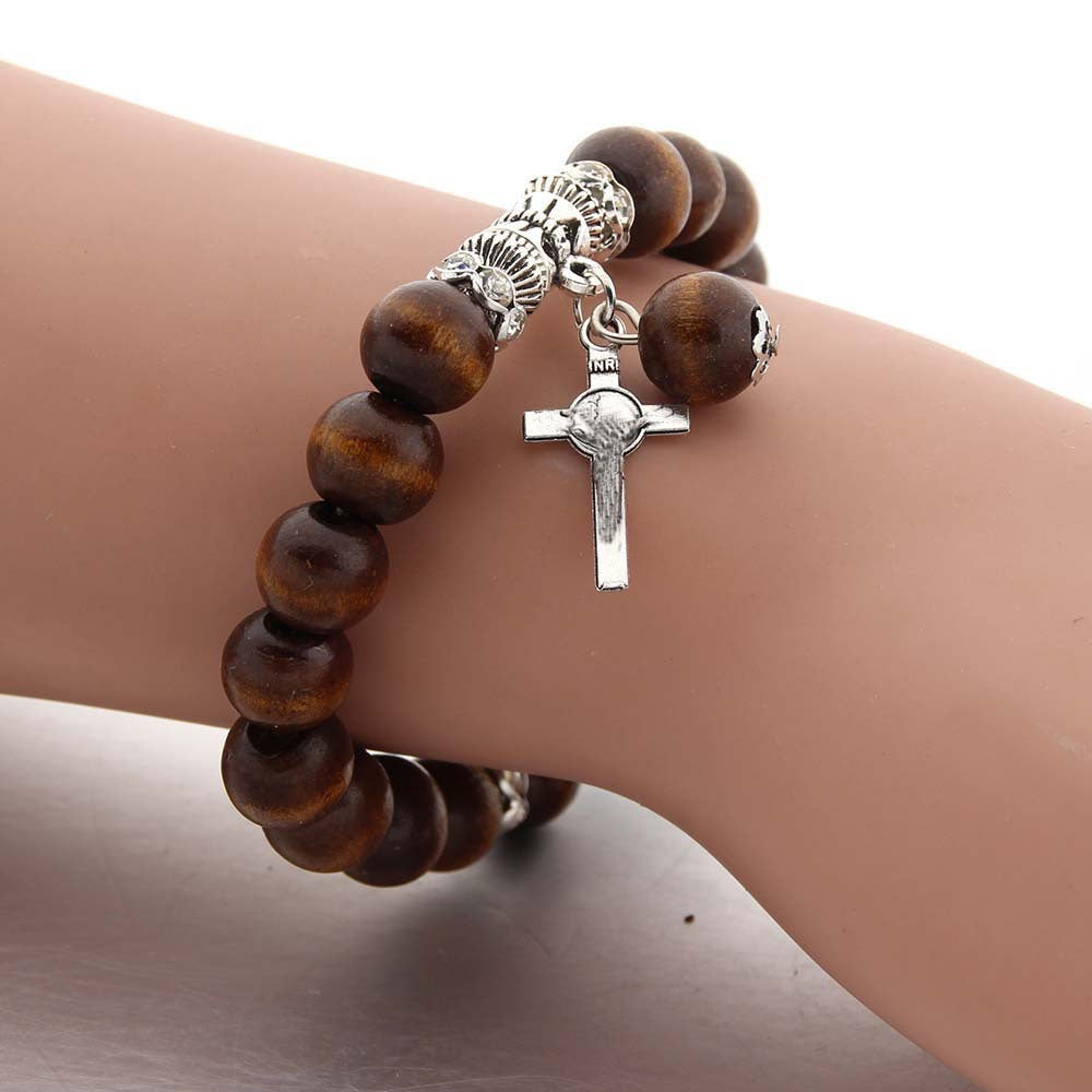 Couple wooden beads bungee rope bracelet black coffee JESUS cross bracelet beaded