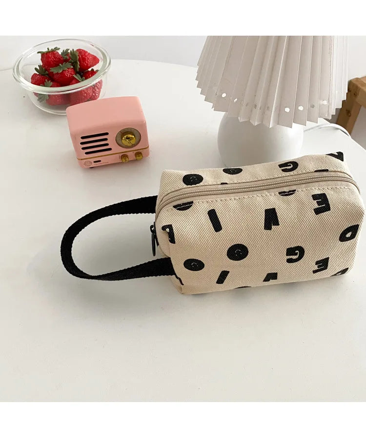 Letters Print Women Canvas Cosmetic Bags Cotton Cloth Make Up Bag Pouch Little Handbag Clutch Travel Organizer Case For Girls