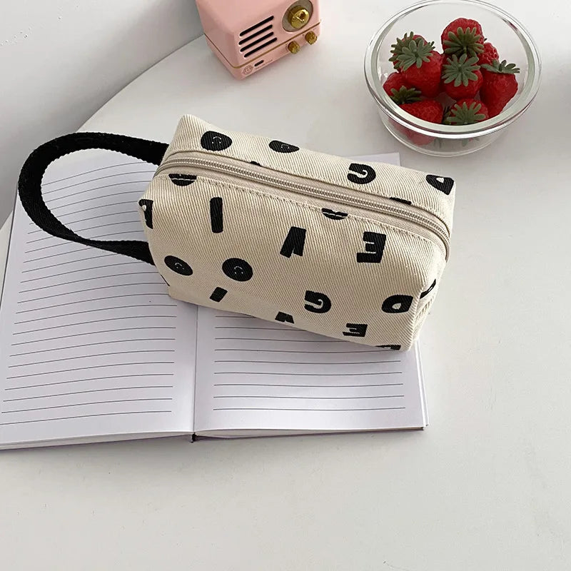 Letters Print Women Canvas Cosmetic Bags Cotton Cloth Make Up Bag Pouch Little Handbag Clutch Travel Organizer Case For Girls