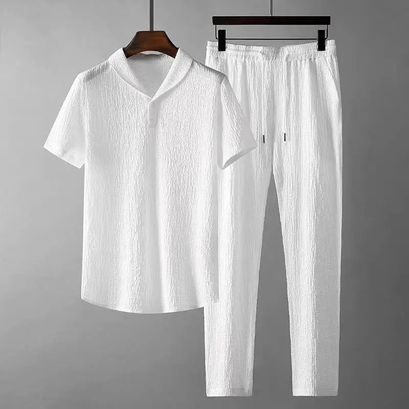 Summer Men 2 Piece Suits Short Sleeve Tops + Long Pants Solid Color Polo Lapel Collar Button Elastic Waist Trousers Tracksuit