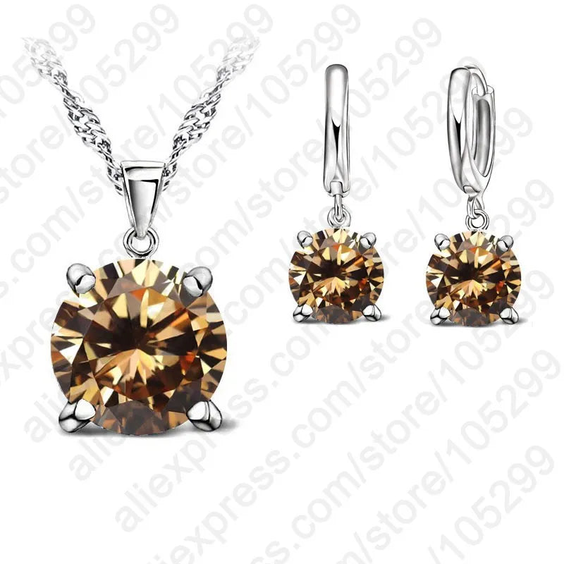 925 Sterling Silver Jewelry Sets 4 Claws Cubic Zirconia CZ Pendant Necklace Earring Fashion Jewelry For Women SET