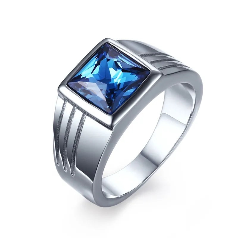 Mens Rings Stainless Steel Blue Cubic Zirconia Cut Ring Fashion Jewelry Wedding Band anel masculino bague