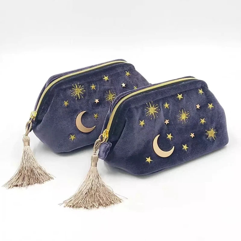 Cute Velvet Embroidery Cosmetic Bag Travel Organizer Women Makeup Bag Zipper Make Up Pouch with Moon Star Tassel Deco