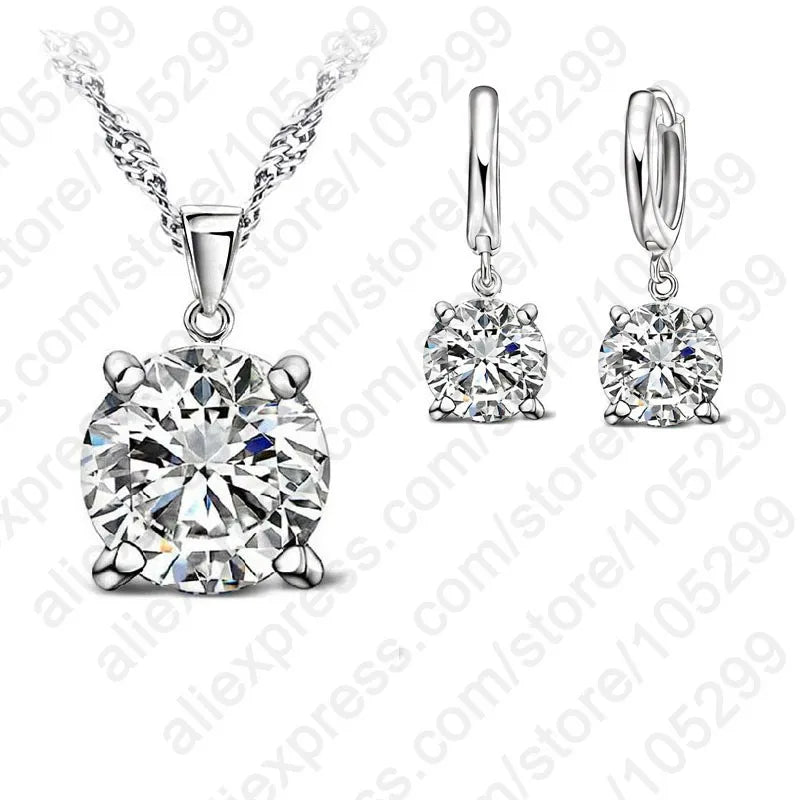 925 Sterling Silver Jewelry Sets 4 Claws Cubic Zirconia CZ Pendant Necklace Earring Fashion Jewelry For Women SET