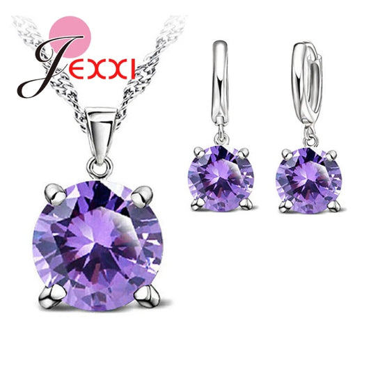 925 Sterling Silver Jewelry Sets 4 Claws Cubic Zirconia CZ Pendant Necklace Earring Fashion Jewelry For Women SET