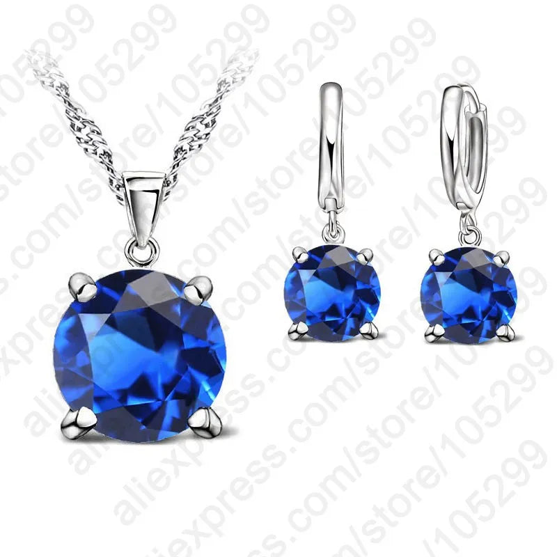 925 Sterling Silver Jewelry Sets 4 Claws Cubic Zirconia CZ Pendant Necklace Earring Fashion Jewelry For Women SET