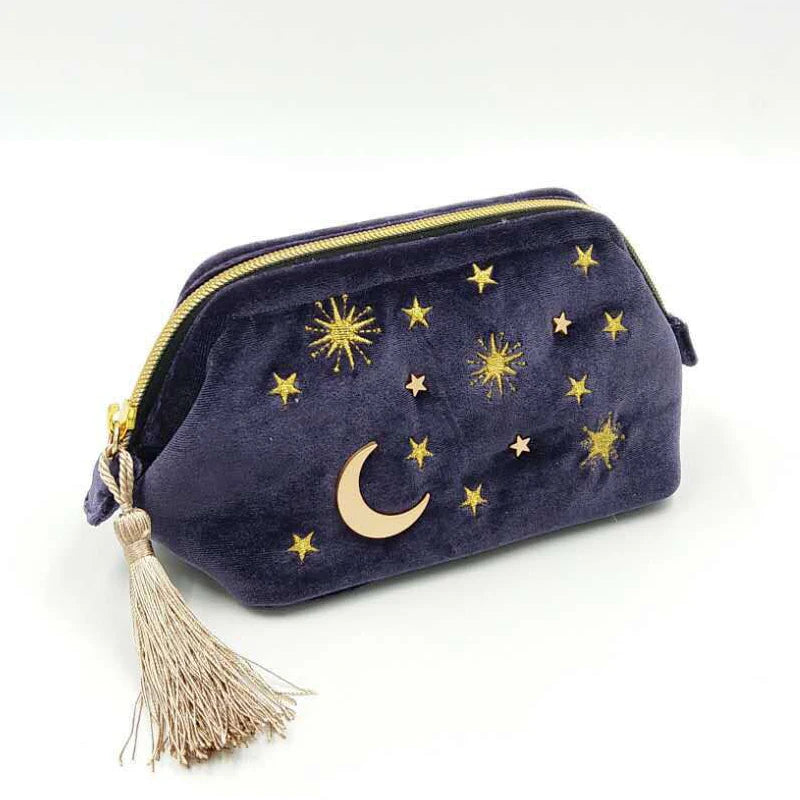 Cute Velvet Embroidery Cosmetic Bag Travel Organizer Women Makeup Bag Zipper Make Up Pouch with Moon Star Tassel Deco