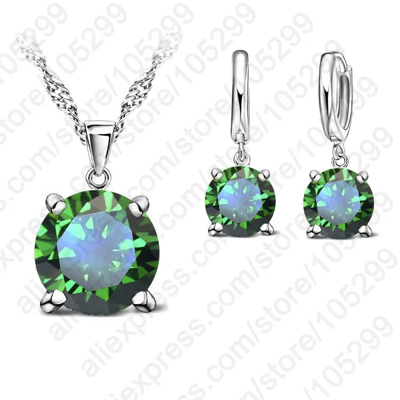 925 Sterling Silver Jewelry Sets 4 Claws Cubic Zirconia CZ Pendant Necklace Earring Fashion Jewelry For Women SET