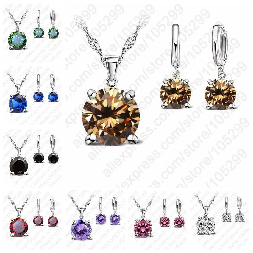 925 Sterling Silver Jewelry Sets 4 Claws Cubic Zirconia CZ Pendant Necklace Earring Fashion Jewelry For Women SET