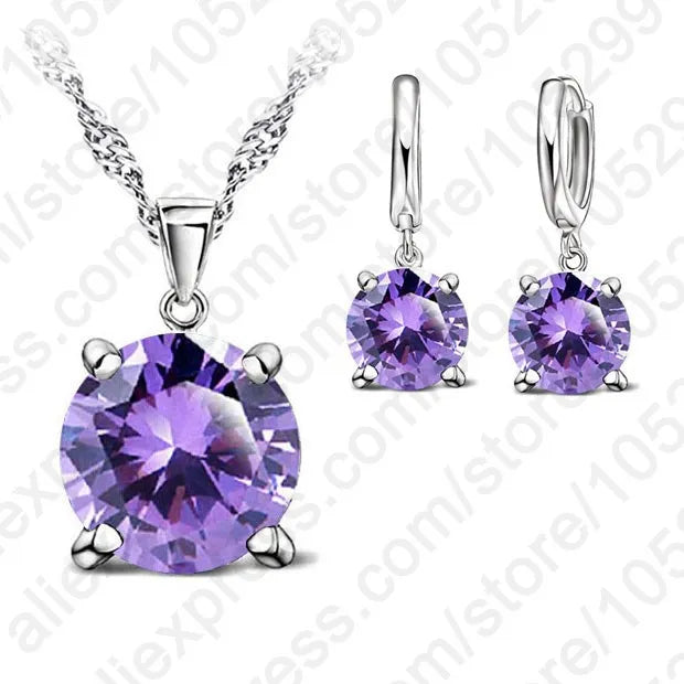 925 Sterling Silver Jewelry Sets 4 Claws Cubic Zirconia CZ Pendant Necklace Earring Fashion Jewelry For Women SET