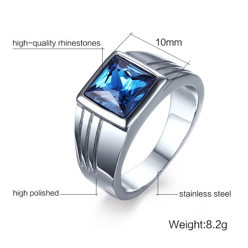 Mens Rings Stainless Steel Blue Cubic Zirconia Cut Ring Fashion Jewelry Wedding Band anel masculino bague