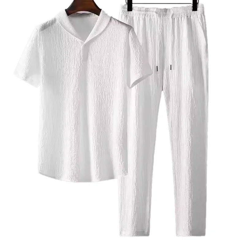 Summer Men 2 Piece Suits Short Sleeve Tops + Long Pants Solid Color Polo Lapel Collar Button Elastic Waist Trousers Tracksuit