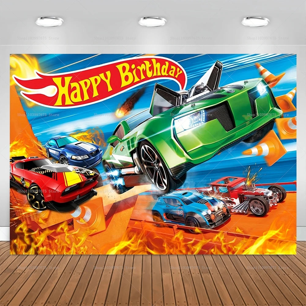 Racing Car Theme Backdrop Hot Wheels Wild Racer Boy 1st Birthday Decor Photography Background Party Supplies Photo Studio Props