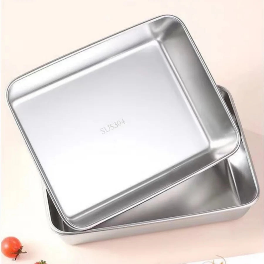 Stainless Steel Rectangle Tray Large Capacity Metal Food Serving Plate Rice Noodle Pan Home Lunch Bento Dishes Storage Organizer