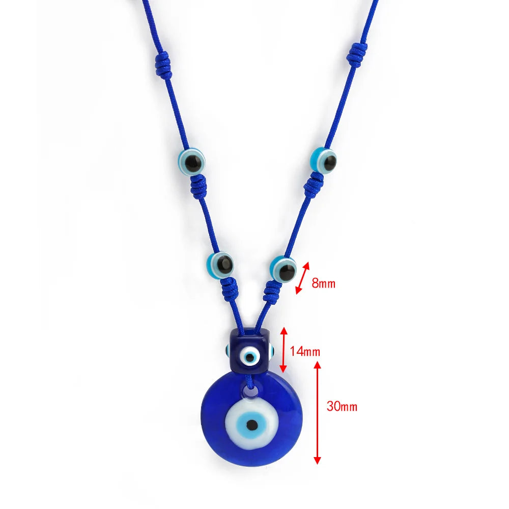 Lucky Eye Glass Blue Turkish Evil Eye Bead Necklace Rope Chain Water Drop Round Pendant Necklace for Women Girls Jewelry NB206