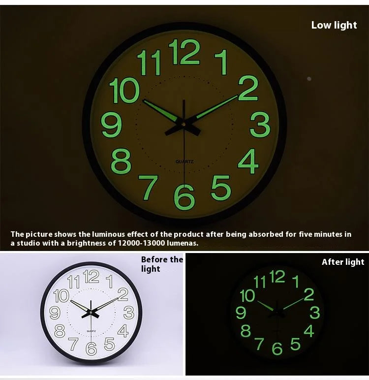 12-Inch Wall Clock Silent Night Light Wall Clock Glowing Display Battery Powered Round Plastic Clock for Day and Night Use