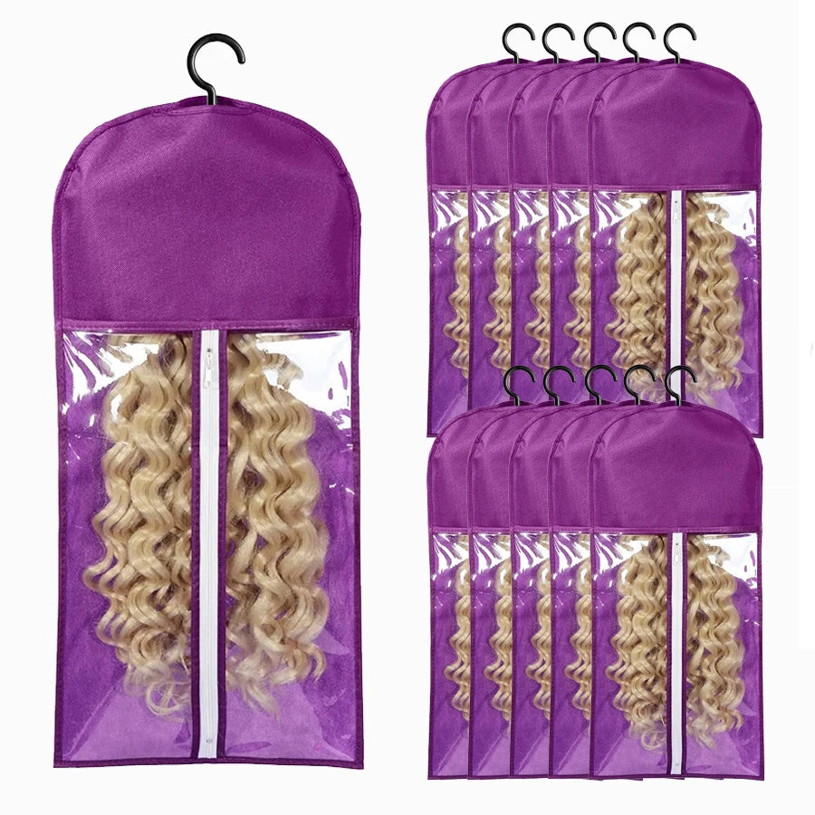 10pcs Long Hair Extensions Storage Bag Non-Woven Dust Proof Wigs Carrier Bags With Plastic Hanger For Home Organizer