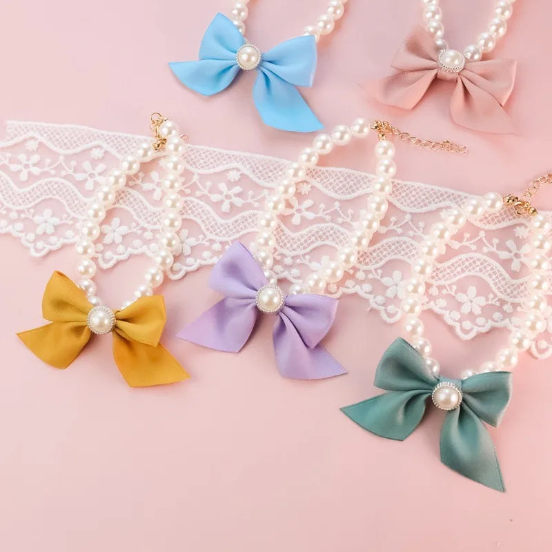 Dog collar Cute adjustable Kitten dog bell necklace jewelry pearl bow pet collar elegant party dress collar