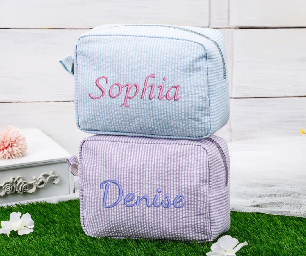 Personalized Seersucker Cosmetic Bag, Monogrammed Toiletry Bag, Embroidered Make Up Bag,Bridesmaid Makeup Bag, Bridesmaid Gift