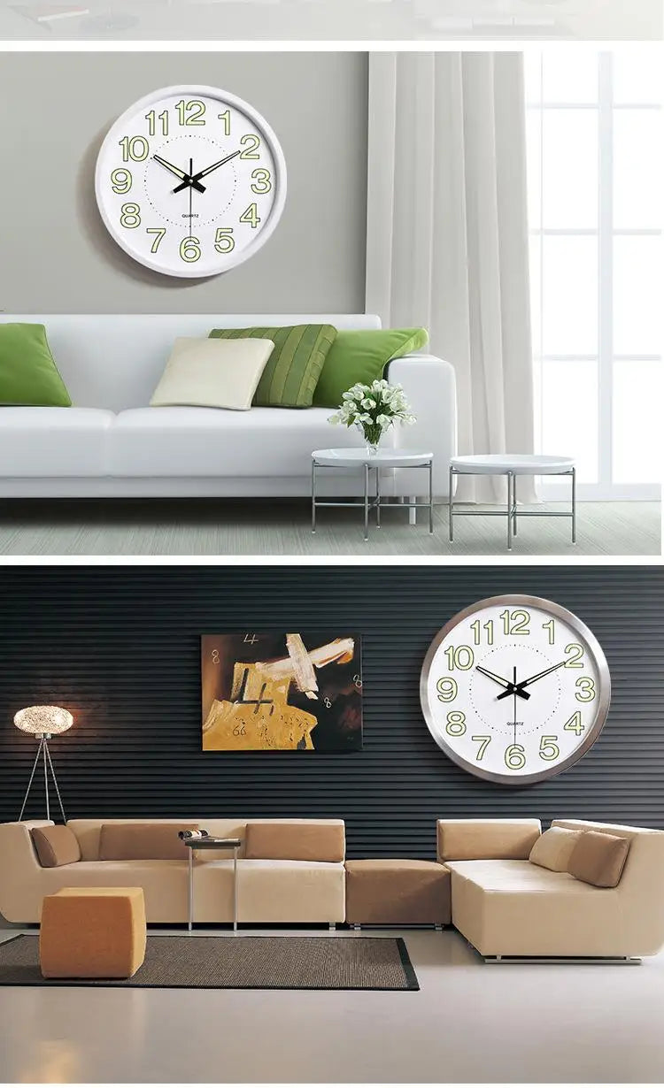 12-Inch Wall Clock Silent Night Light Wall Clock Glowing Display Battery Powered Round Plastic Clock for Day and Night Use