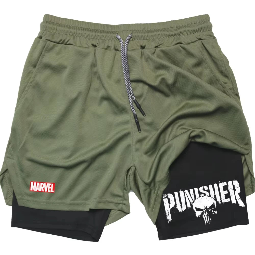 Marvel The Punisher Gym Shorts Men Fitness 2 in 1 Anime Performance Shorts Mesh Quick Dry Athletics Short Pants Summer Male