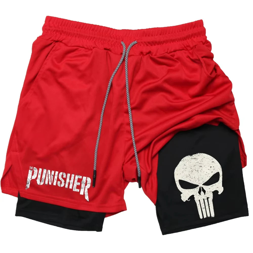 Marvel The Punisher Gym Shorts Men Fitness 2 in 1 Anime Performance Shorts Mesh Quick Dry Athletics Short Pants Summer Male