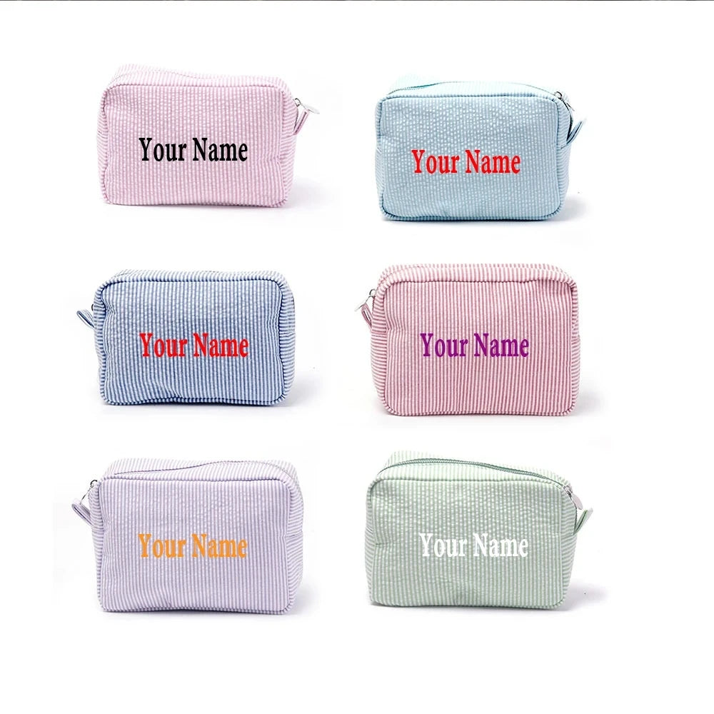 Personalized Seersucker Cosmetic Bag, Monogrammed Toiletry Bag, Embroidered Make Up Bag,Bridesmaid Makeup Bag, Bridesmaid Gift