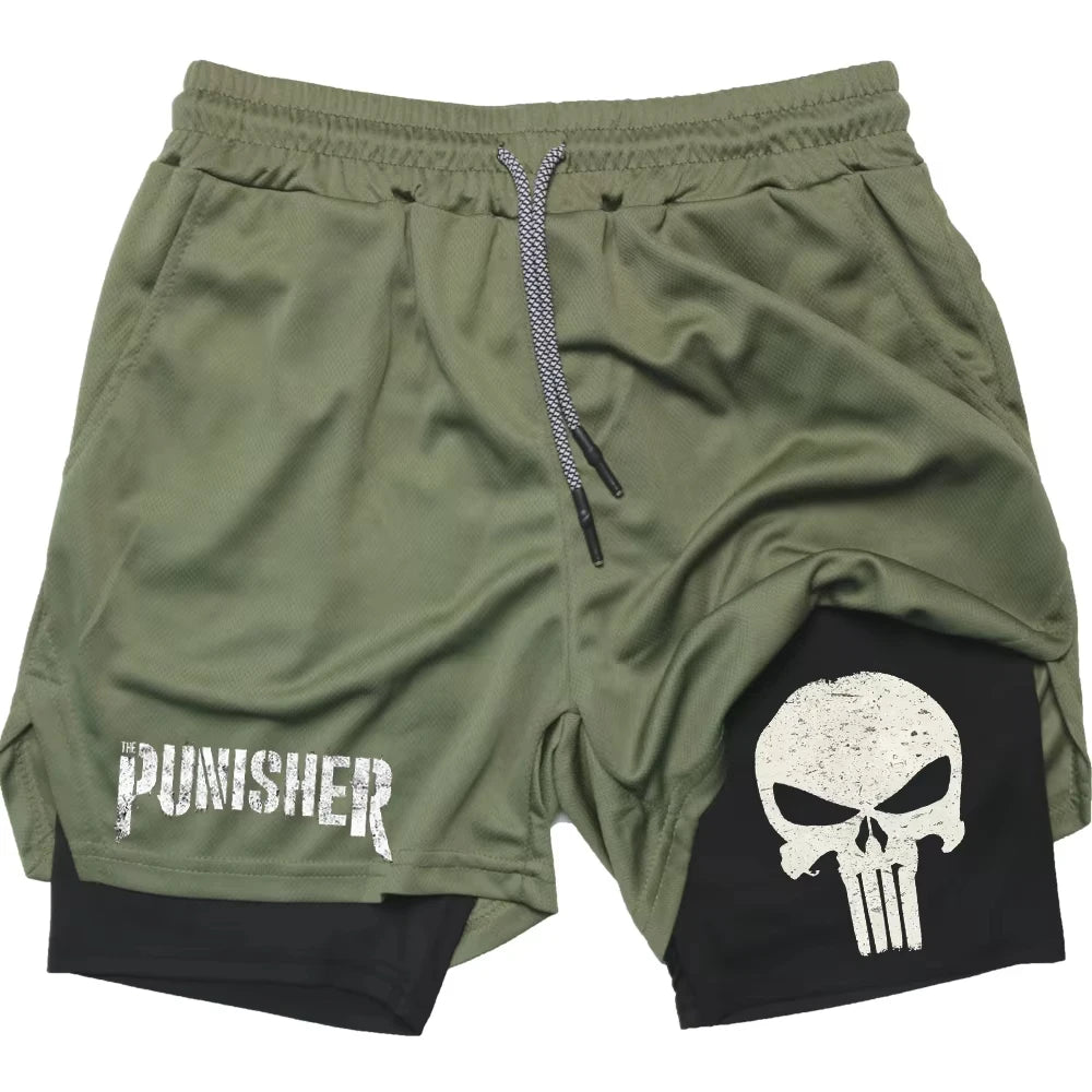 Marvel The Punisher Gym Shorts Men Fitness 2 in 1 Anime Performance Shorts Mesh Quick Dry Athletics Short Pants Summer Male