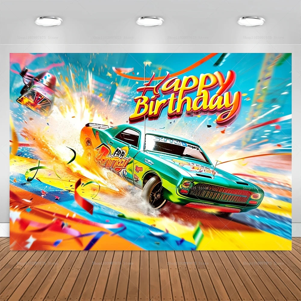 Racing Car Theme Backdrop Hot Wheels Wild Racer Boy 1st Birthday Decor Photography Background Party Supplies Photo Studio Props