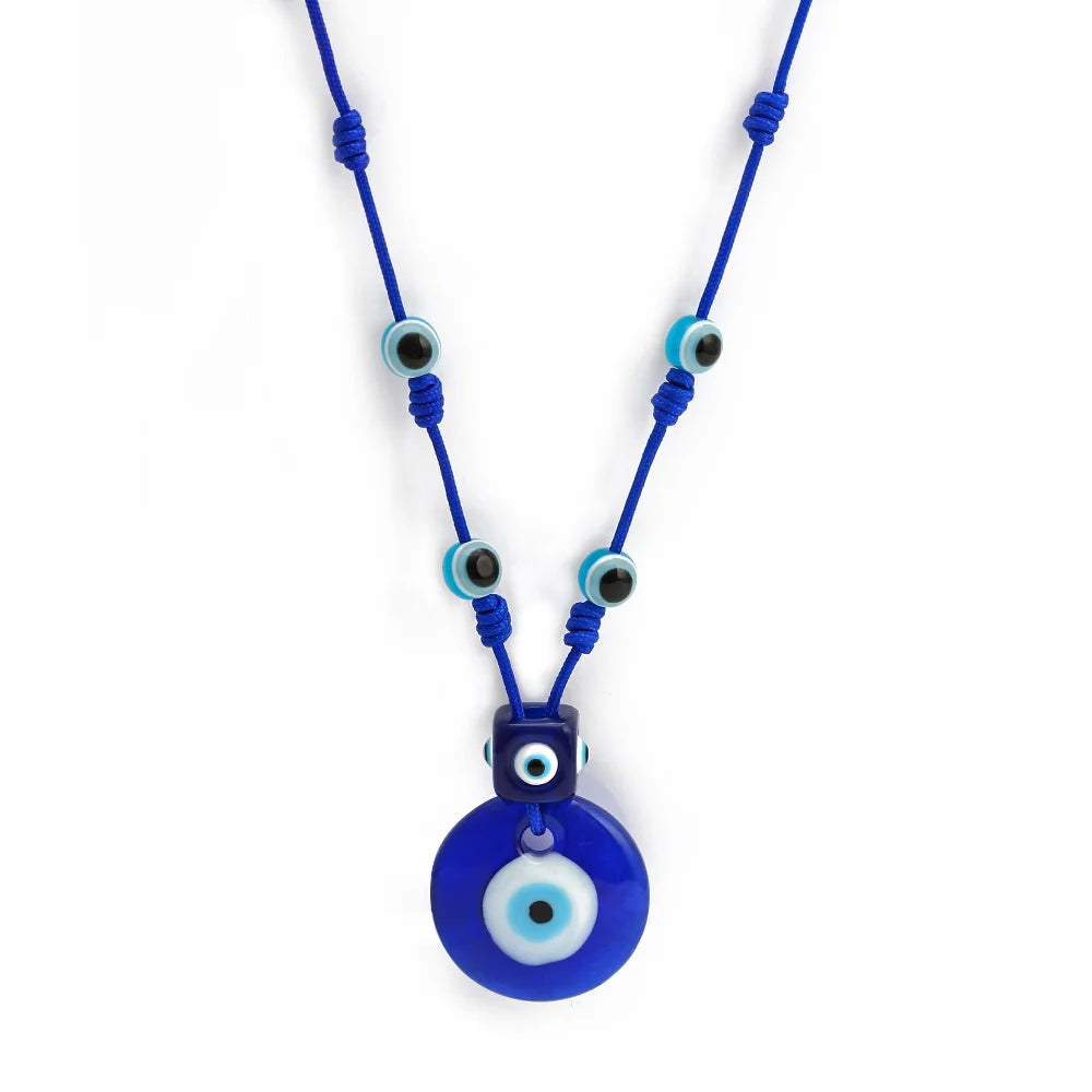 Lucky Eye Glass Blue Turkish Evil Eye Bead Necklace Rope Chain Water Drop Round Pendant Necklace for Women Girls Jewelry NB206