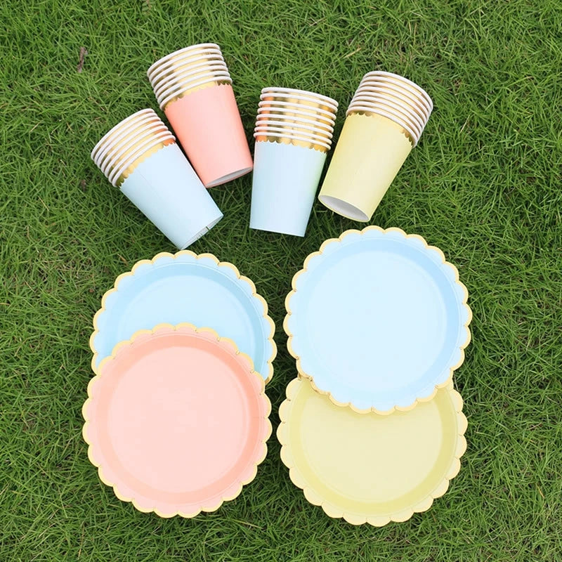 10pcs Colorful Disposable Party Plates Supplies Paper Disposable Cup Plate Dishes Kit Happy Birthday Party Wedding Accessories