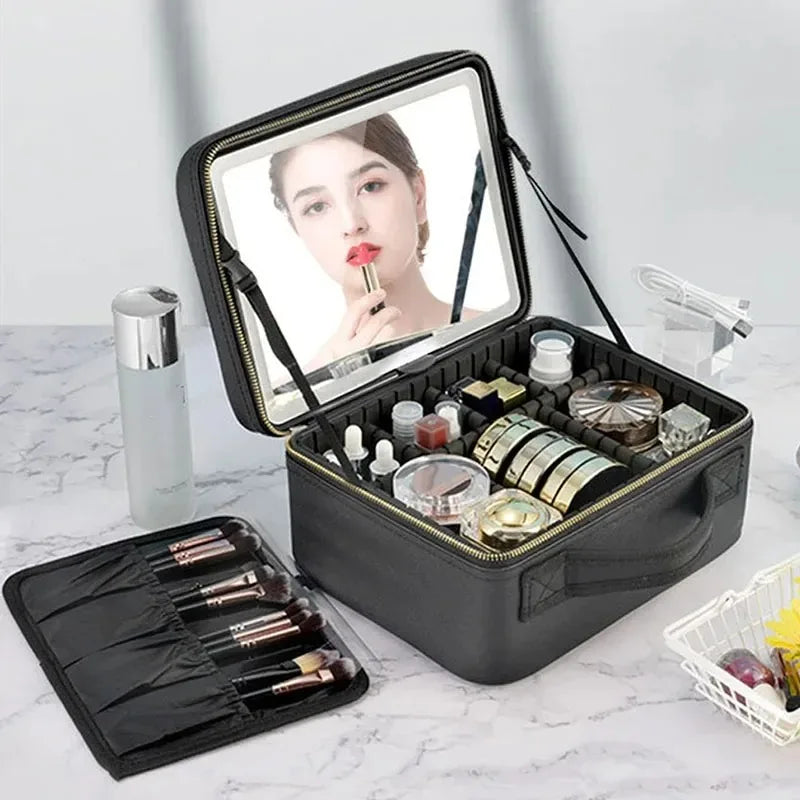 Smart LED Cosmetic Case With Mirror Travel Makeup Bag Small cute Female Beautician Skincare Product Makeup Case For Women