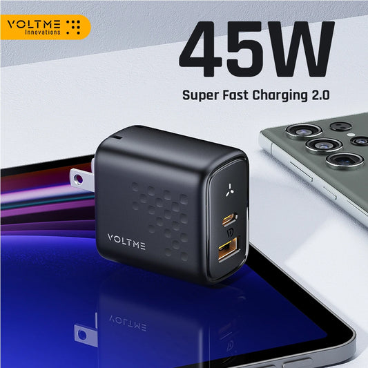 Voltme-USB Type-C wall charger, Revo 45W, PD, USB C+USB A super fast charging, for Samsung Galaxy S23 ultra, iPhone 15