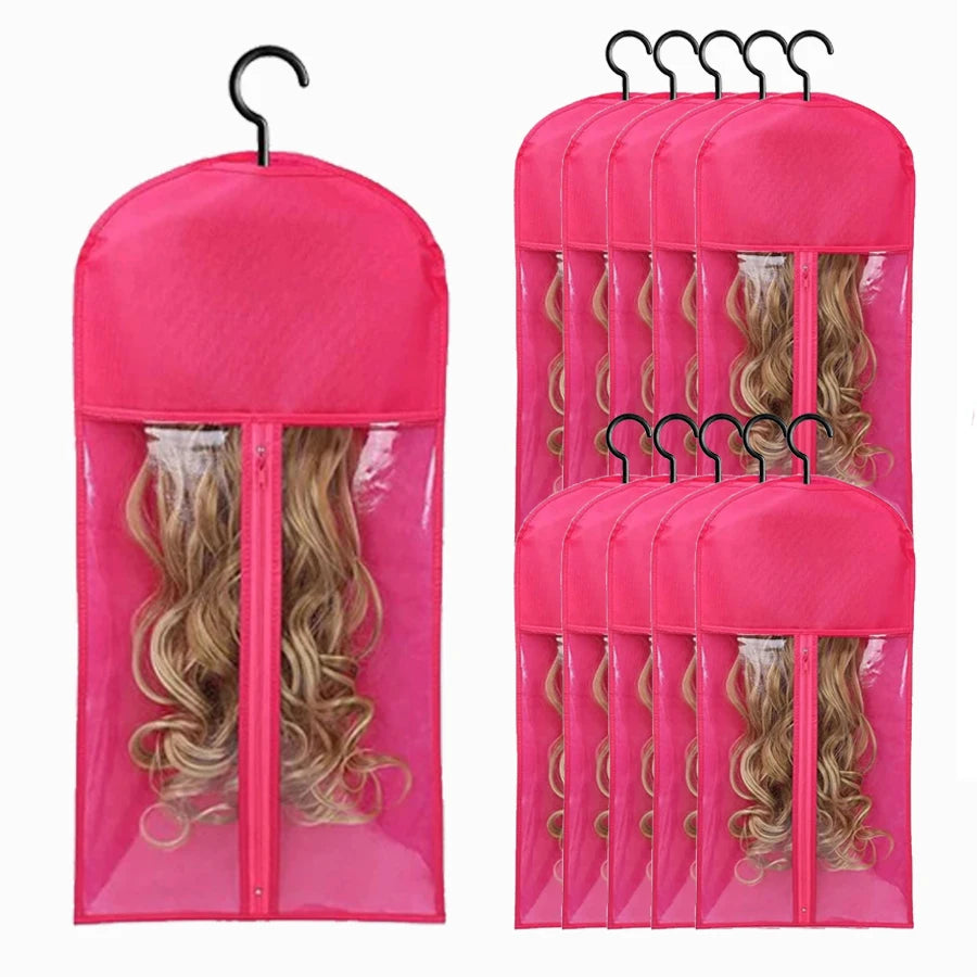 10pcs Long Hair Extensions Storage Bag Non-Woven Dust Proof Wigs Carrier Bags With Plastic Hanger For Home Organizer