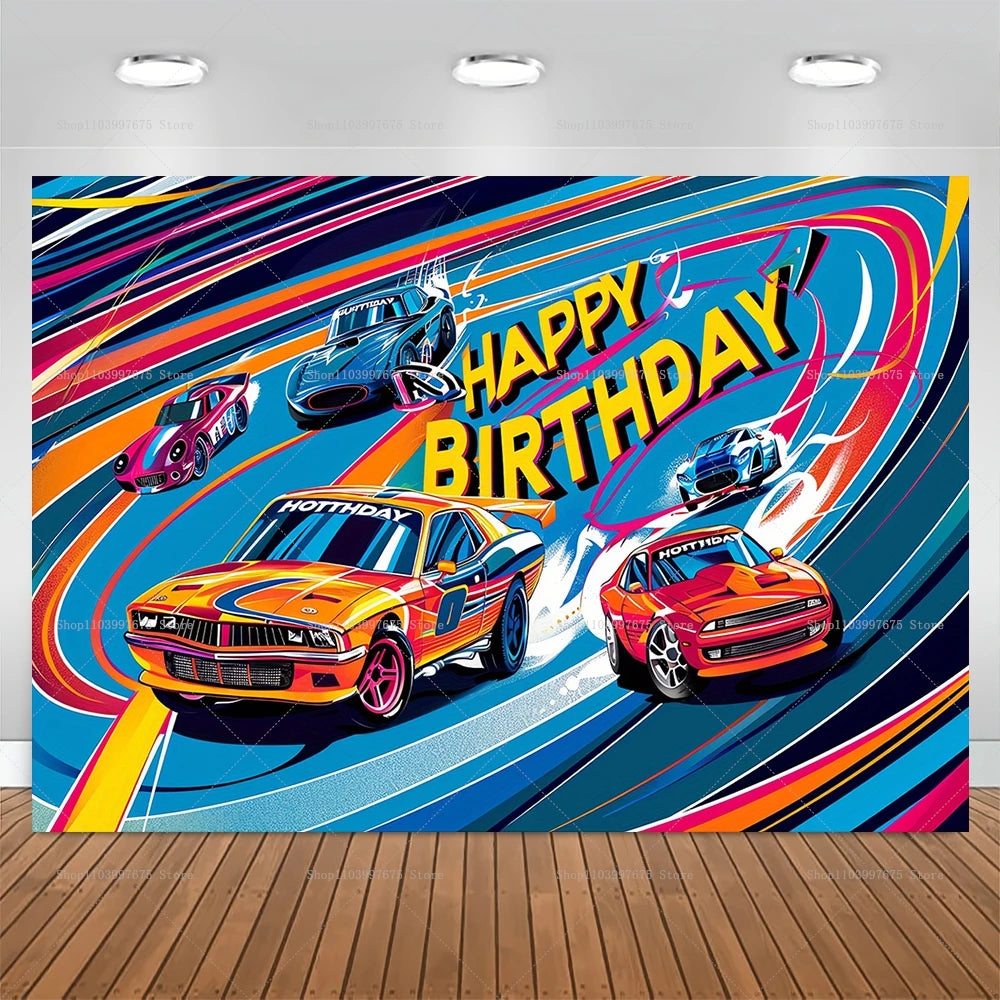 Racing Car Theme Backdrop Hot Wheels Wild Racer Boy 1st Birthday Decor Photography Background Party Supplies Photo Studio Props