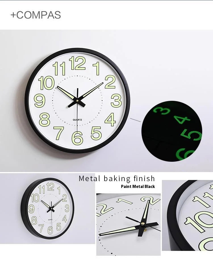 12-Inch Wall Clock Silent Night Light Wall Clock Glowing Display Battery Powered Round Plastic Clock for Day and Night Use