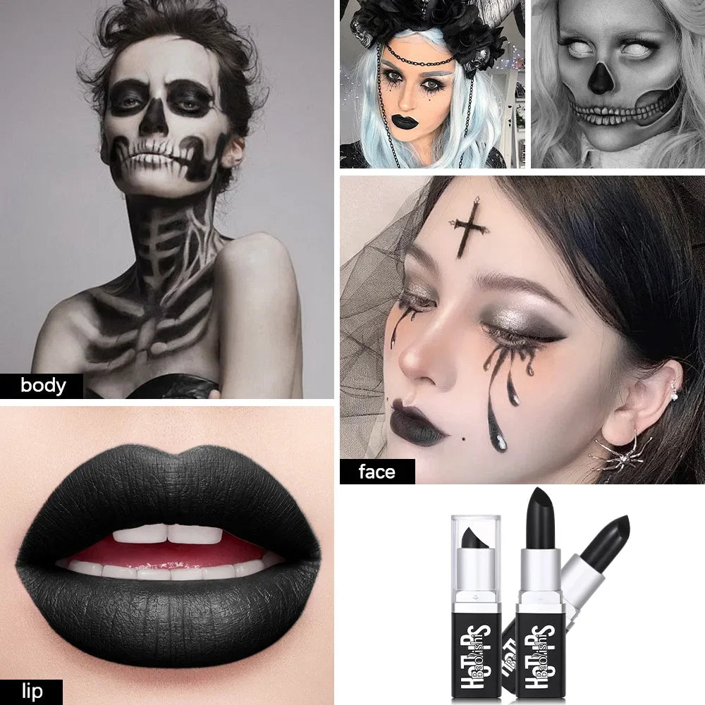 Matte Black Lipstick Makeup Halloween Pearl Black Lip Gloss Dark Paint Stick Durable Waterproof Make Up 1pcs