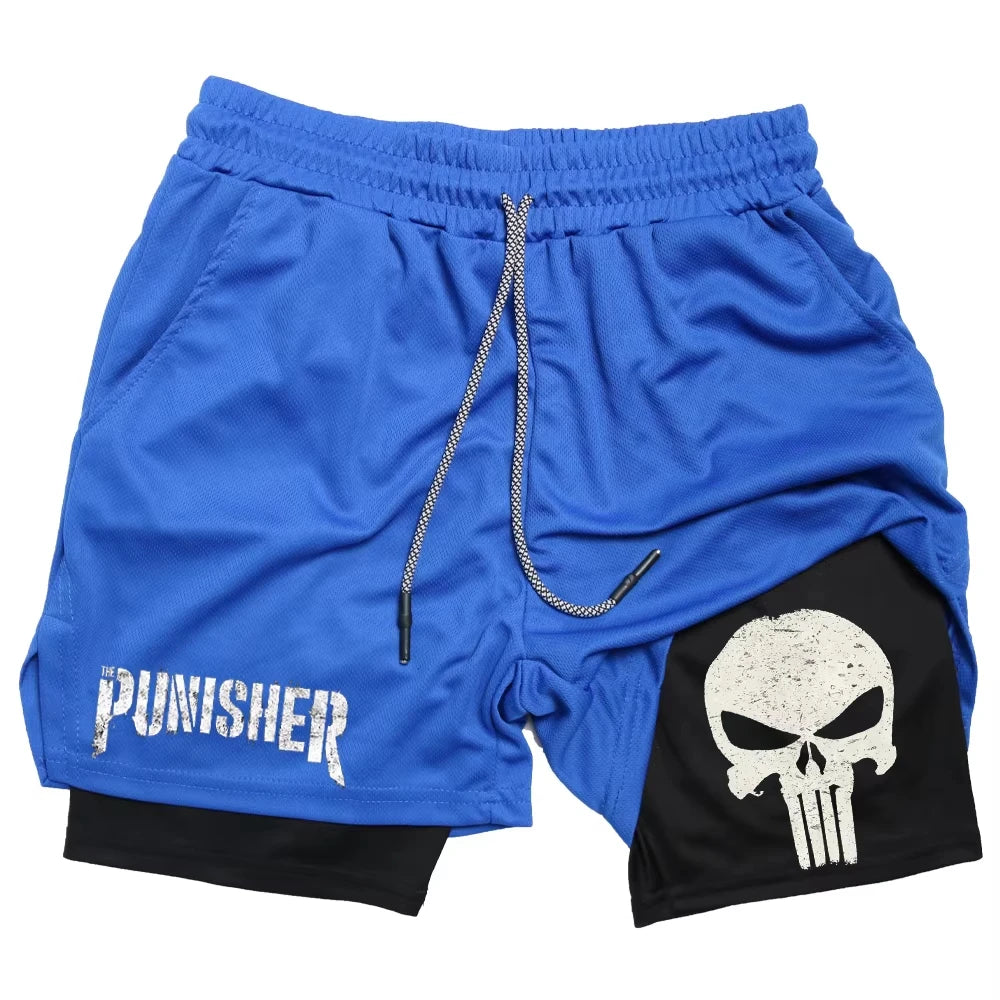 Marvel The Punisher Gym Shorts Men Fitness 2 in 1 Anime Performance Shorts Mesh Quick Dry Athletics Short Pants Summer Male