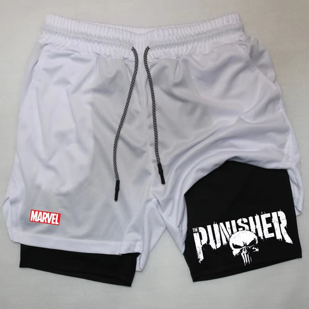 Marvel The Punisher Gym Shorts Men Fitness 2 in 1 Anime Performance Shorts Mesh Quick Dry Athletics Short Pants Summer Male