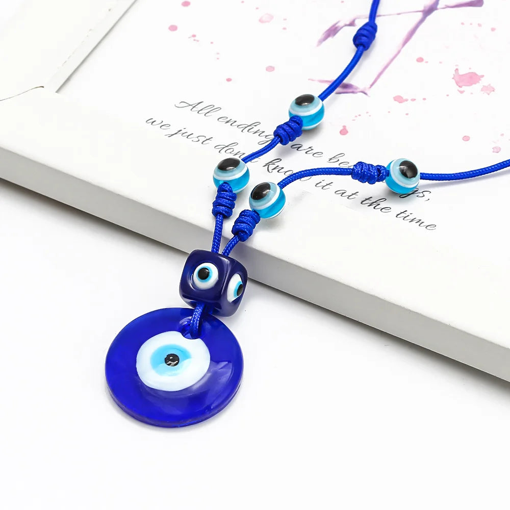 Lucky Eye Glass Blue Turkish Evil Eye Bead Necklace Rope Chain Water Drop Round Pendant Necklace for Women Girls Jewelry NB206