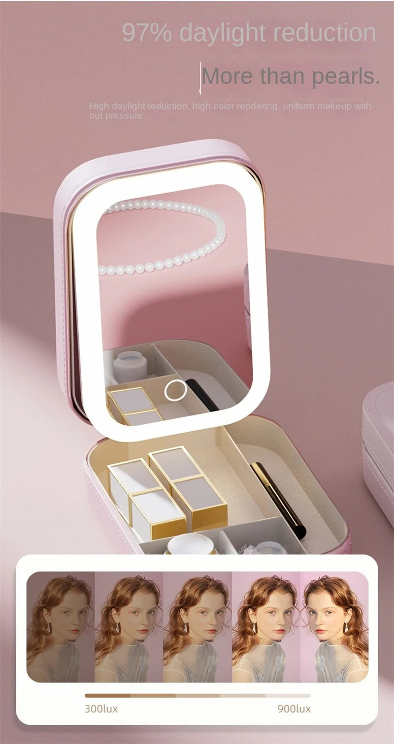 Smart LED Cosmetic Case With Mirror Travel Makeup Bag Small cute Female Beautician Skincare Product Makeup Case For Women