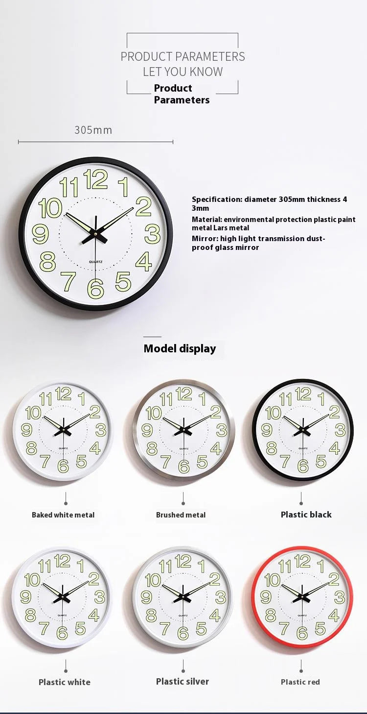 12-Inch Wall Clock Silent Night Light Wall Clock Glowing Display Battery Powered Round Plastic Clock for Day and Night Use