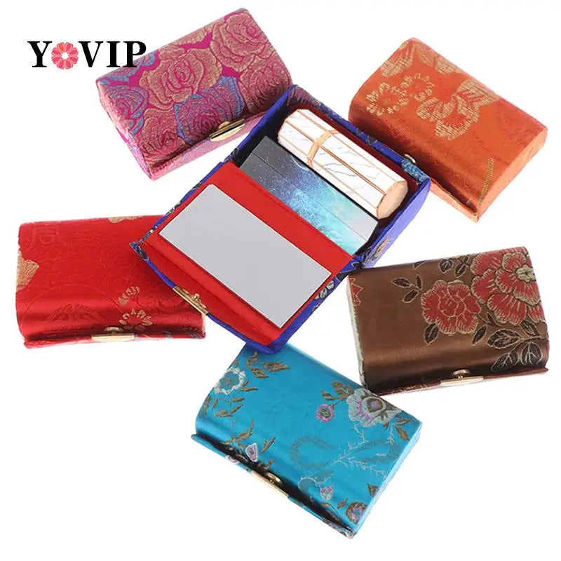 1pcs Embroidery Lipstick Cosmetic Bag With Mirror Makeup Bag Small Storage Cases Travel Pouch Organizer Portable Case random