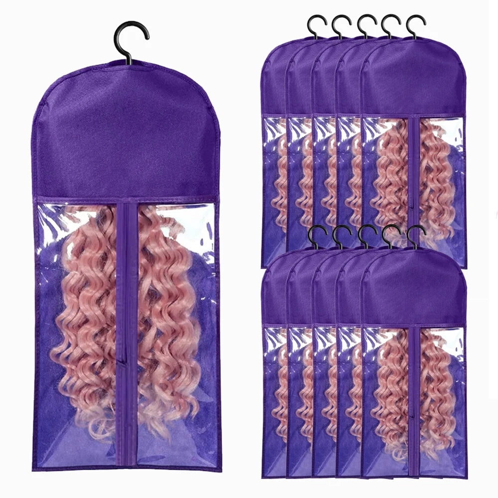 10pcs Long Hair Extensions Storage Bag Non-Woven Dust Proof Wigs Carrier Bags With Plastic Hanger For Home Organizer