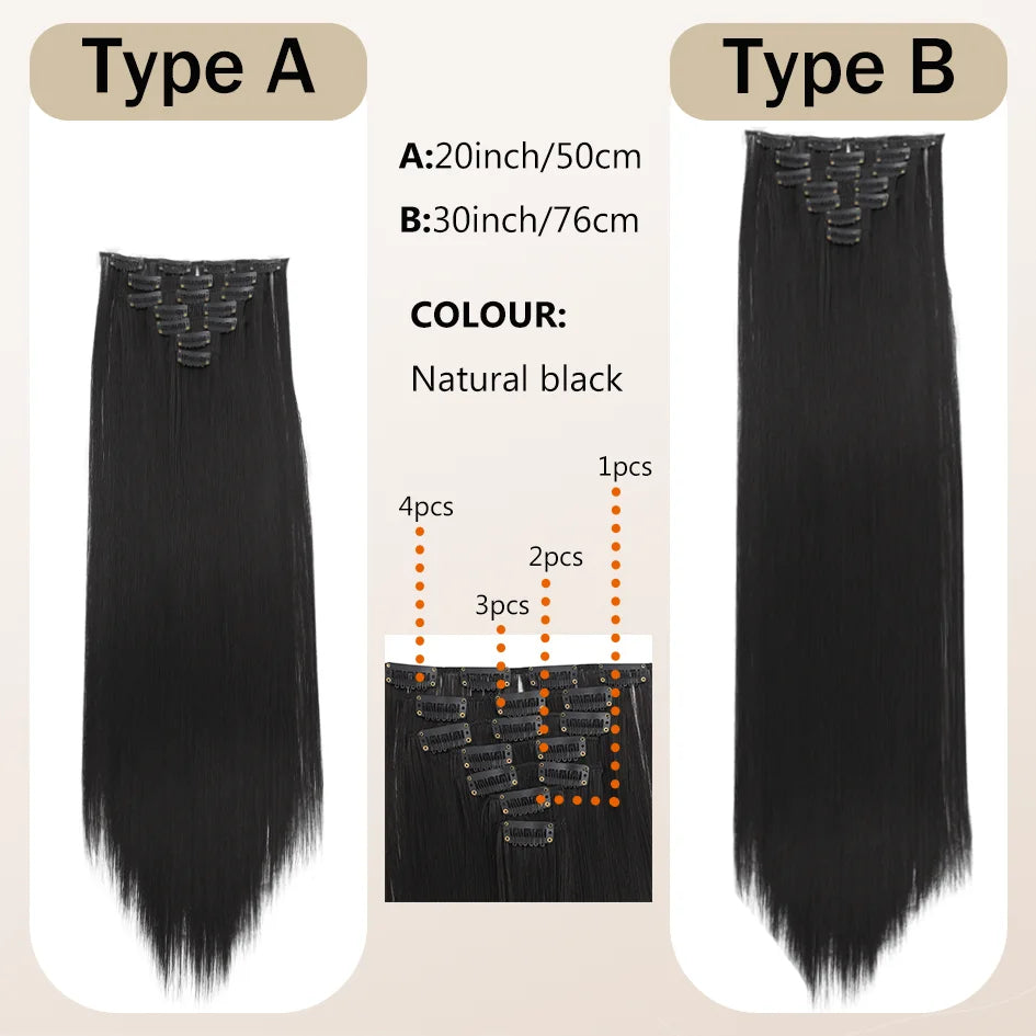 Synthetic 7 pieces/set, 20inch/30inch straight hair extensions, hair clips, female hair accessories, extended extensions