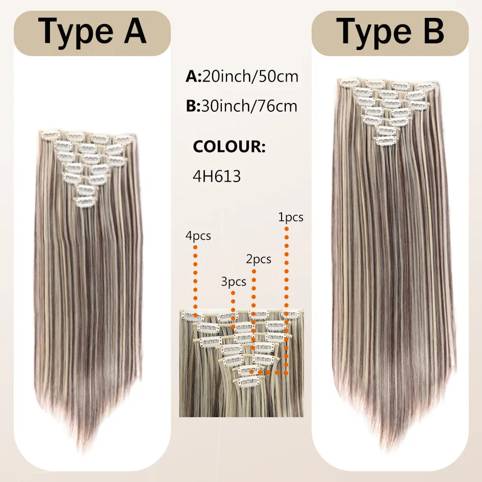 Synthetic 7 pieces/set, 20inch/30inch straight hair extensions, hair clips, female hair accessories, extended extensions